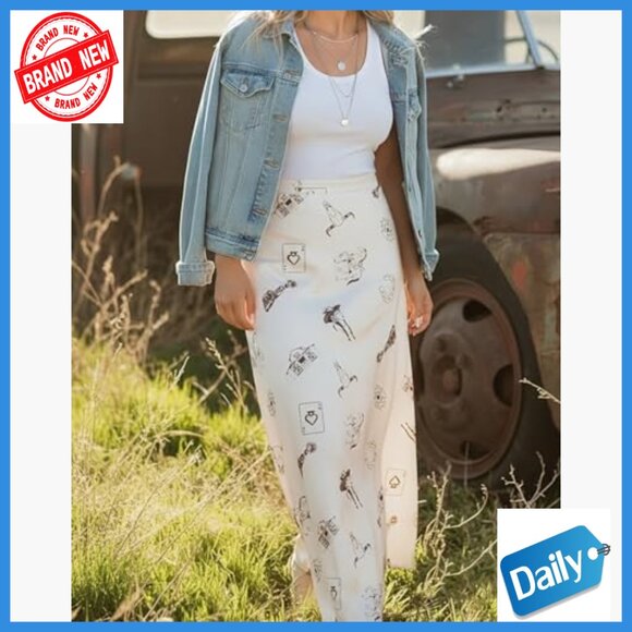 High Waist Maxi Skirt A-Line Western Print Silk Touch Polyester - Picture 2 of 7